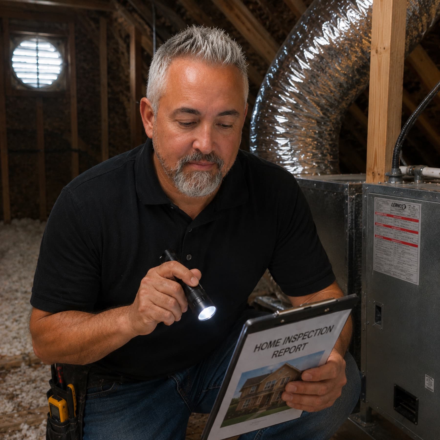 Jason inspecting an attic with a flashlight and inspection report