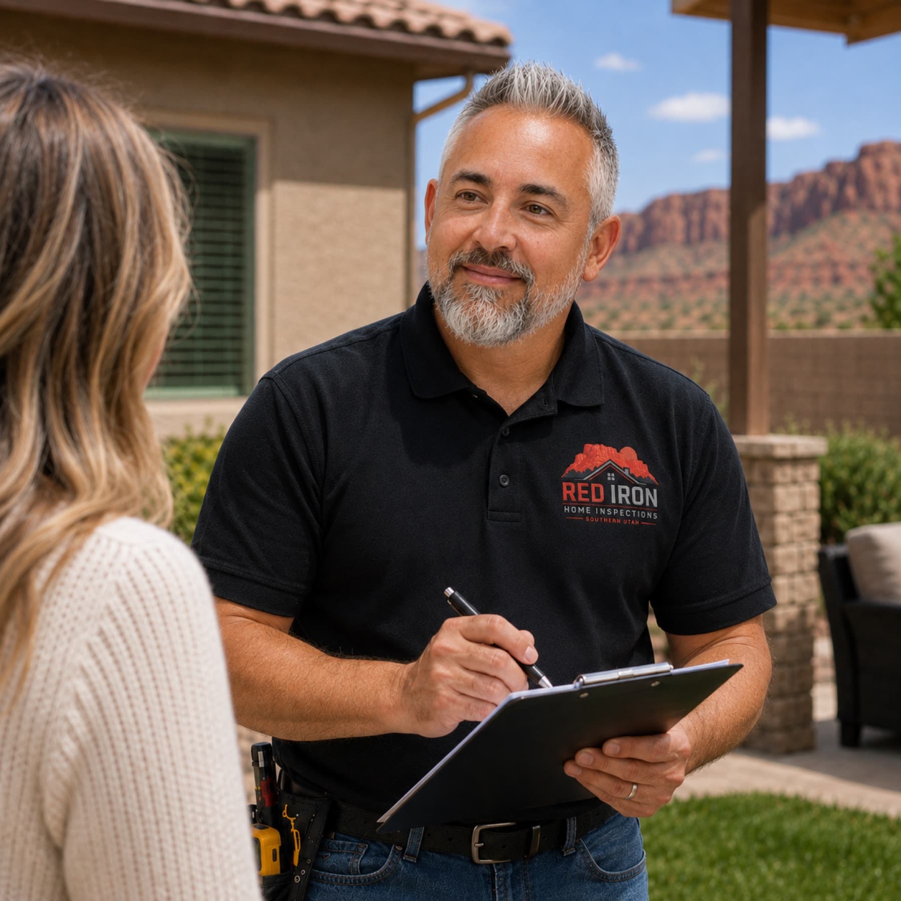 Jason, the Red Iron home inspector, reviewing notes with a client outside a Southern Utah home