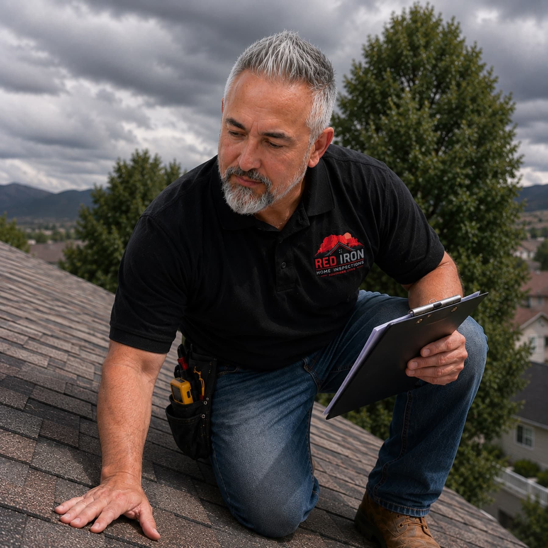 Jason inspecting a shingle roof under storm clouds